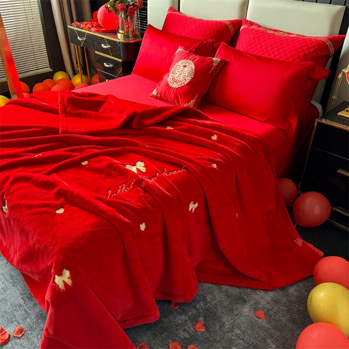 91家纺网 家纺一手货源 找家纺 2024新款仿皮草兔绒精品绣花毛毯毯子 蝴蝶结-大红