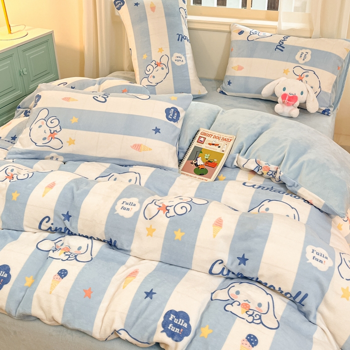 91家纺网 家纺一手货源 找家纺 2024新品正版三丽鸥授权卡通加厚高克重牛奶绒系列四件套 绒三丽鸥-蓝蓝玉桂狗