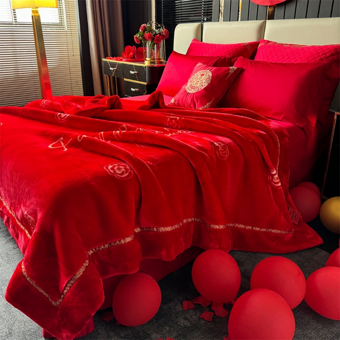 91家纺网 家纺一手货源 找家纺 2024新款婚庆双层高密云毛毯毯子 花田喜事