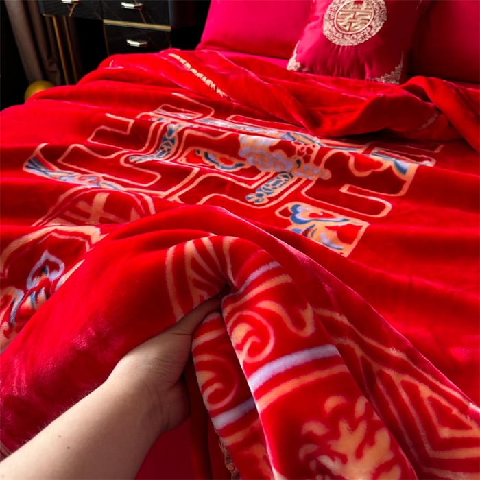 91家纺网 家纺一手货源 找家纺 2024新款婚庆双层高密云毛毯毯子 喜上加喜