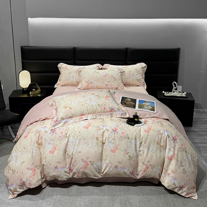 91家纺网 家纺一手货源 找家纺 2024新款A类全棉磨毛数码印花系列四件套 科莫花园粉