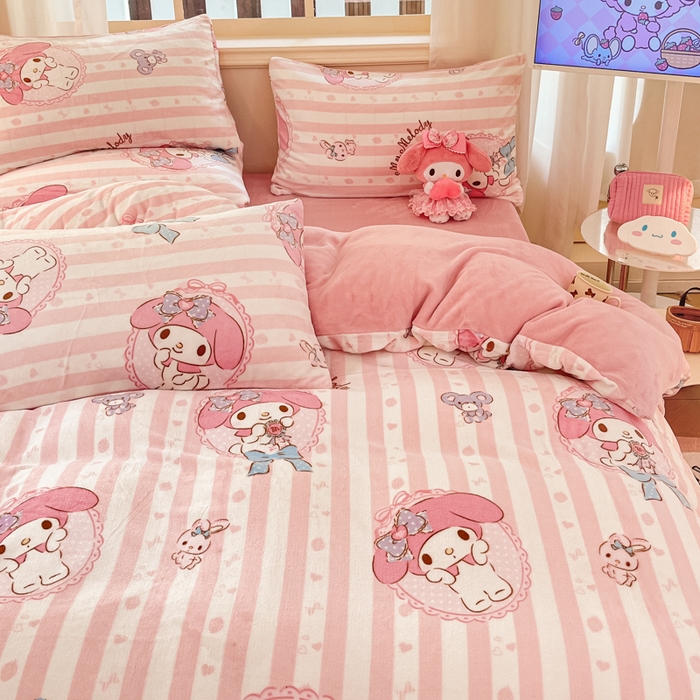 91家纺网 家纺一手货源 找家纺 2024新品正版三丽鸥授权卡通加厚高克重牛奶绒系列四件套 绒三丽鸥-粉梦美乐蒂