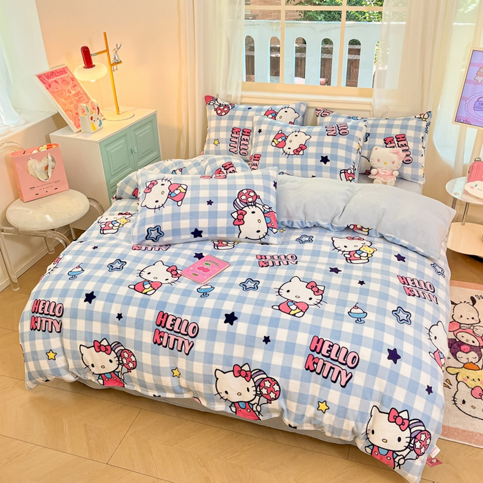 91家纺网 家纺一手货源 找家纺 2024新品正版三丽鸥授权卡通加厚高克重牛奶绒系列四件套 绒三丽鸥-蓝格星星kitty
