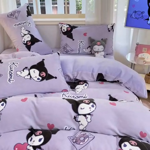 91家纺网 家纺一手货源 找家纺 2024新品正版三丽鸥授权卡通加厚高克重牛奶绒系列四件套 绒三丽鸥-梦幻库洛米