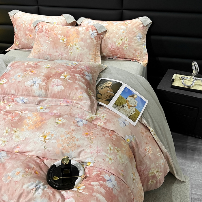 91家纺网 家纺一手货源 找家纺 2024新款A类全棉磨毛数码印花系列四件套 莉丽丝粉