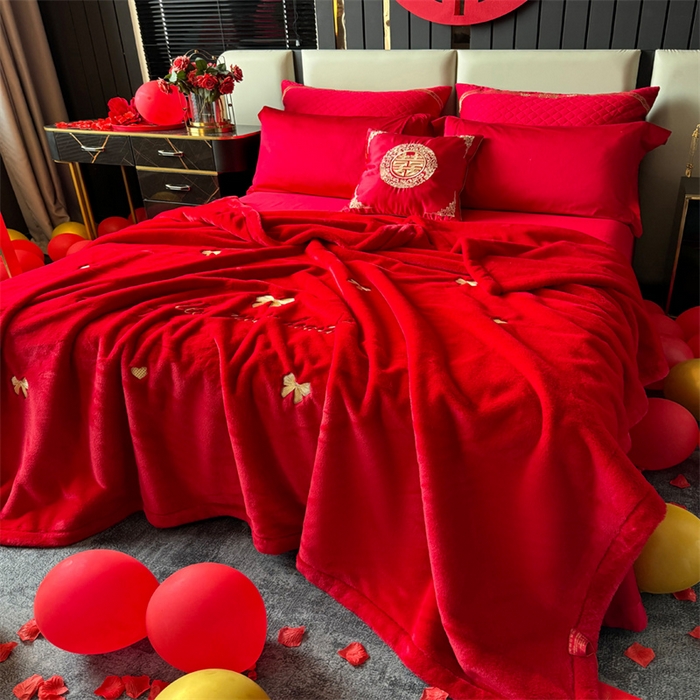 91家纺网 家纺一手货源 找家纺 2024新款仿皮草兔绒精品绣花毛毯毯子 蝴蝶结-大红