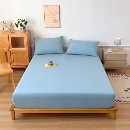 91家纺网 家纺一手货源 找家纺 多品 2024新款水洗棉皱皱纱单品床笠 蓝灰