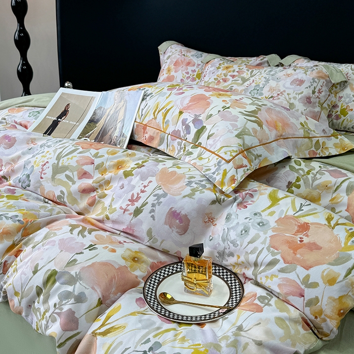 91家纺网 家纺一手货源 找家纺 2024新款A类全棉磨毛数码印花系列四件套 春日油彩米