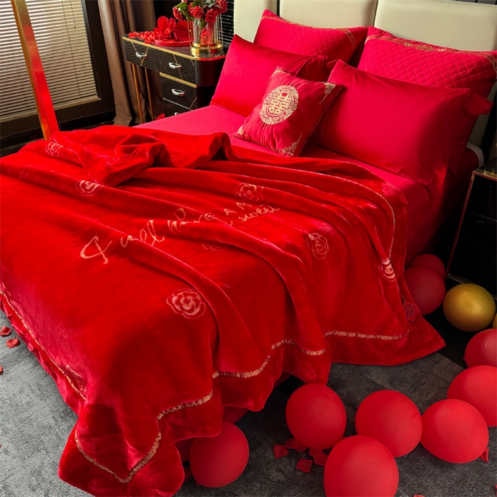 91家纺网 家纺一手货源 找家纺 2024新款婚庆双层高密云毛毯毯子 花田喜事