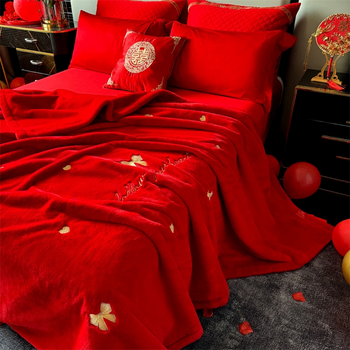 91家纺网 家纺一手货源 找家纺 2024新款仿皮草兔绒精品绣花毛毯毯子 蝴蝶结-大红