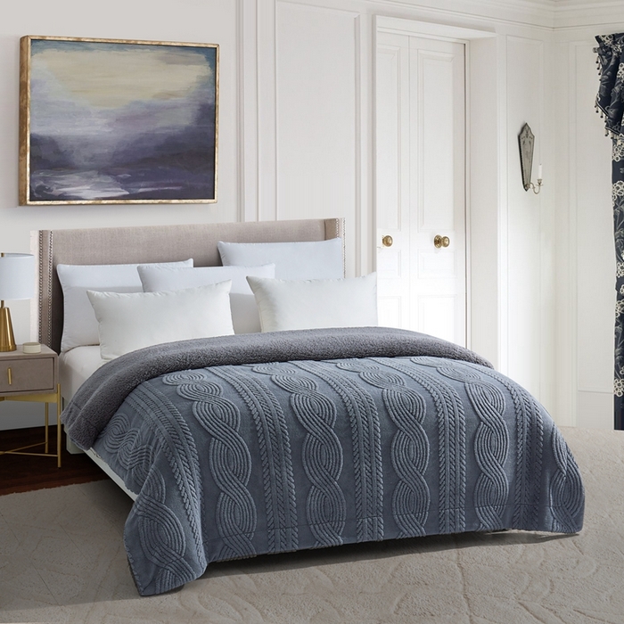 91家纺网 家纺一手货源 找家纺 巴木赫 2024新款8字配色双层羊羔绒毛毯 深灰