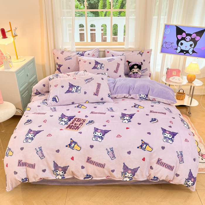 91家纺网 家纺一手货源 找家纺 2024新品正版三丽鸥授权卡通加厚高克重牛奶绒系列四件套 绒三丽鸥-紫心库洛米