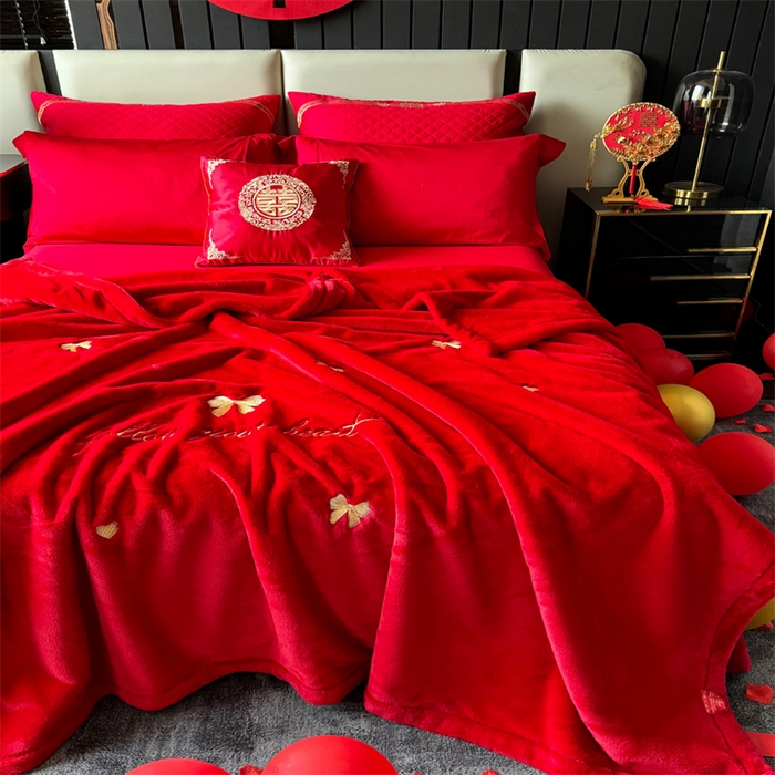 91家纺网 家纺一手货源 找家纺 2024新款仿皮草兔绒精品绣花毛毯毯子 蝴蝶结-大红