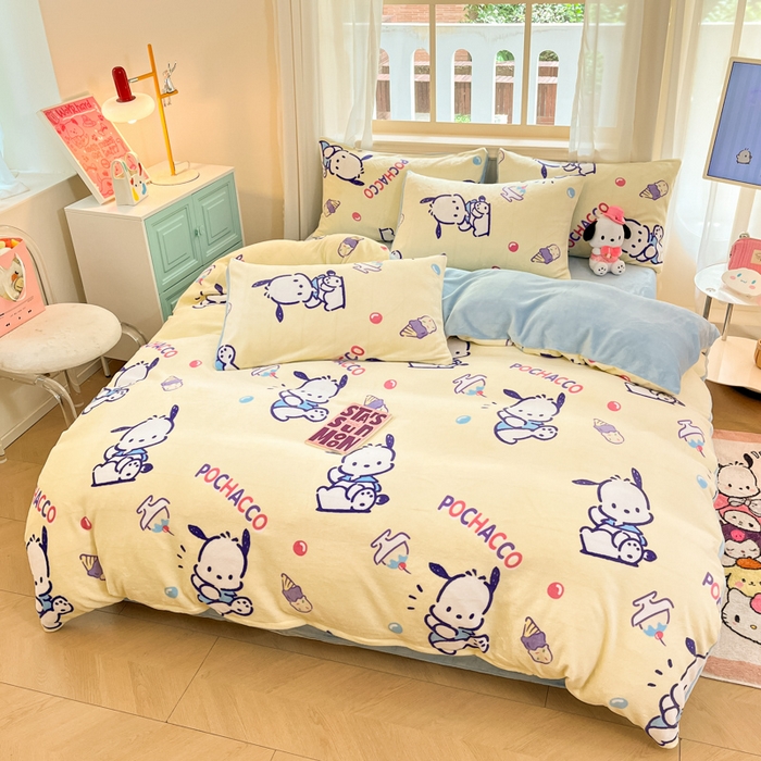 91家纺网 家纺一手货源 找家纺 2024新品正版三丽鸥授权卡通加厚高克重牛奶绒系列四件套 绒三丽鸥-甜筒帕恰狗