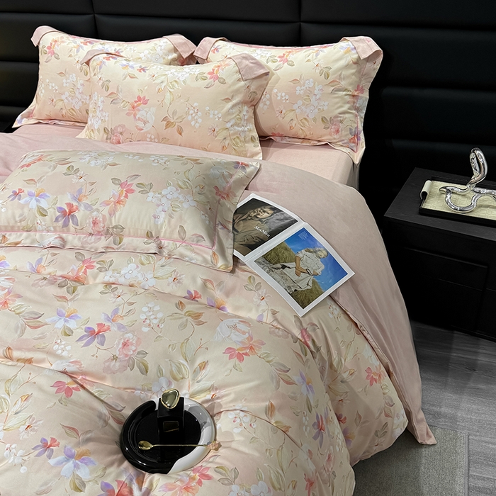 91家纺网 家纺一手货源 找家纺 2024新款A类全棉磨毛数码印花系列四件套 科莫花园粉