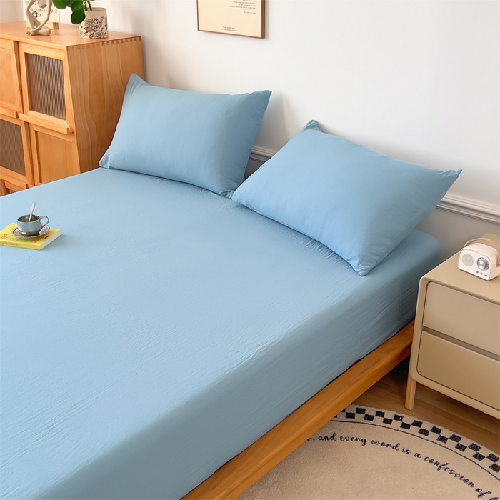 91家纺网 家纺一手货源 找家纺 多品 2024新款水洗棉皱皱纱单品床笠 蓝灰