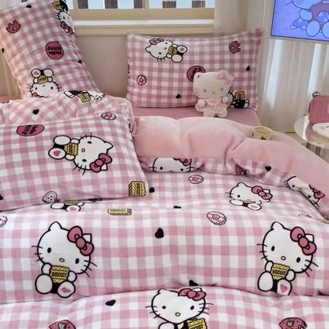 91家纺网 家纺一手货源 找家纺 2024新品正版三丽鸥授权卡通加厚高克重牛奶绒系列四件套 绒三丽鸥-粉格kitty