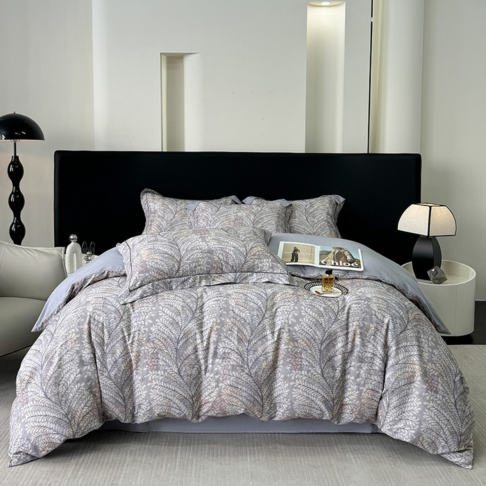 91家纺网 家纺一手货源 找家纺 2024新款A类全棉磨毛数码印花系列四件套 麦穗花期灰