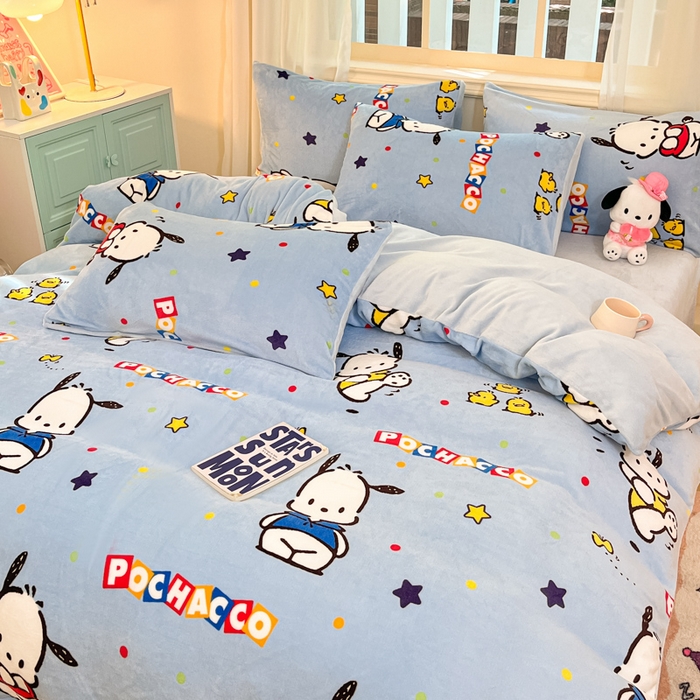 91家纺网 家纺一手货源 找家纺 2024新品正版三丽鸥授权卡通加厚高克重牛奶绒系列四件套 绒三丽鸥-趣味帕恰狗