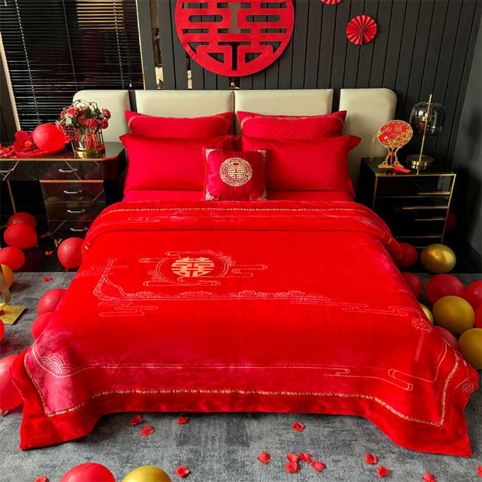 91家纺网 家纺一手货源 找家纺 2024新款婚庆双层高密云毛毯毯子 吾家大喜