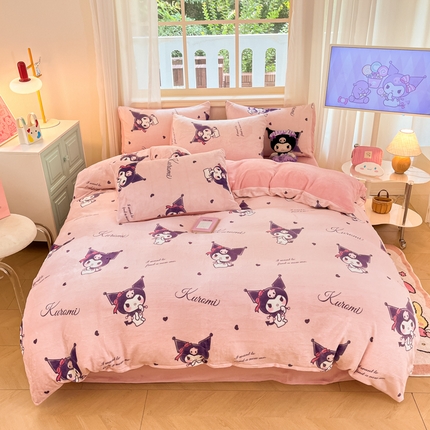 2024新品正版三丽鸥授权卡通加厚高克重牛奶绒系列四件套 绒三丽鸥-可爱库洛米