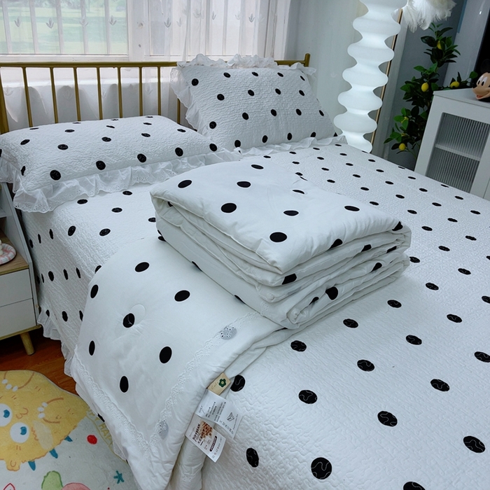 91家纺网 家纺一手货源 找家纺 暖居 2024新款春秋被床盖四件套 波点白
