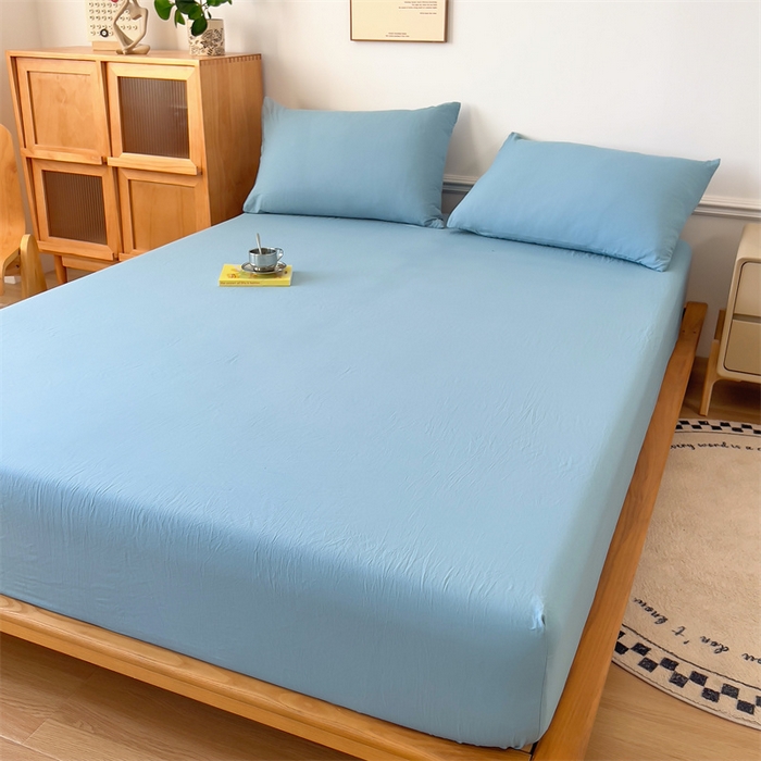 91家纺网 家纺一手货源 找家纺 多品 2024新款水洗棉皱皱纱单品床笠 蓝灰