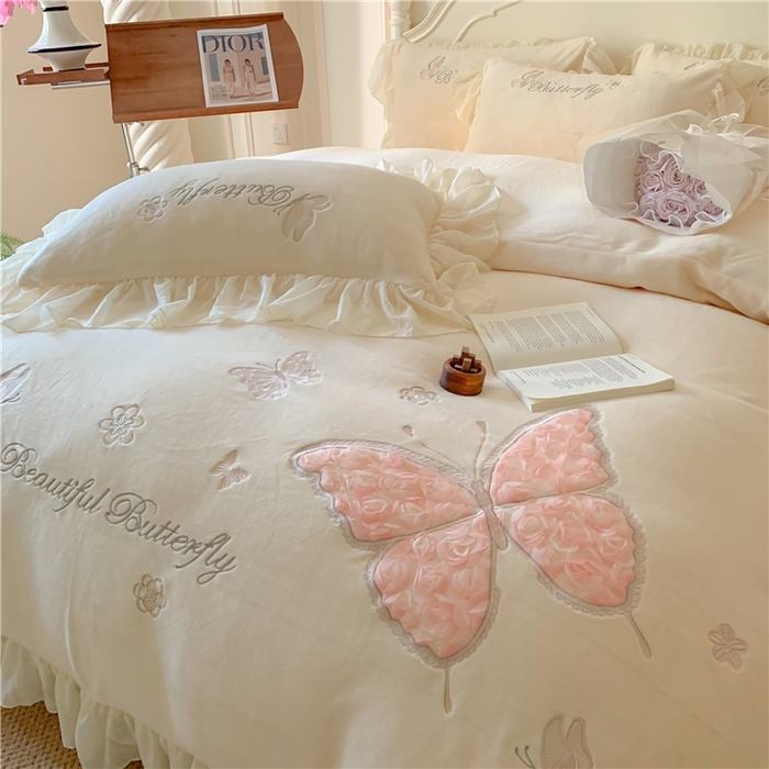 91家纺网 家纺一手货源 找家纺 富盛家纺 2024新款牛奶绒立体刺绣四件套韩版公主风四件套-翩翩起舞 5翩翩起舞—柠檬黄