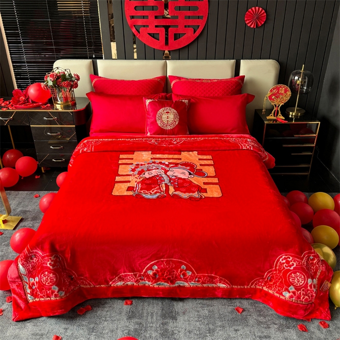91家纺网 家纺一手货源 找家纺 2024新款婚庆双层高密云毛毯毯子 喜从天降