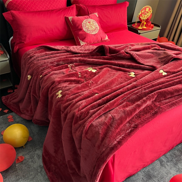 91家纺网 家纺一手货源 找家纺 2024新款仿皮草兔绒精品绣花毛毯毯子 蝴蝶结-酒红