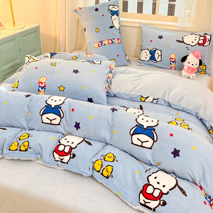 91家纺网 家纺一手货源 找家纺 2024新品正版三丽鸥授权卡通加厚高克重牛奶绒系列四件套 绒三丽鸥-趣味帕恰狗