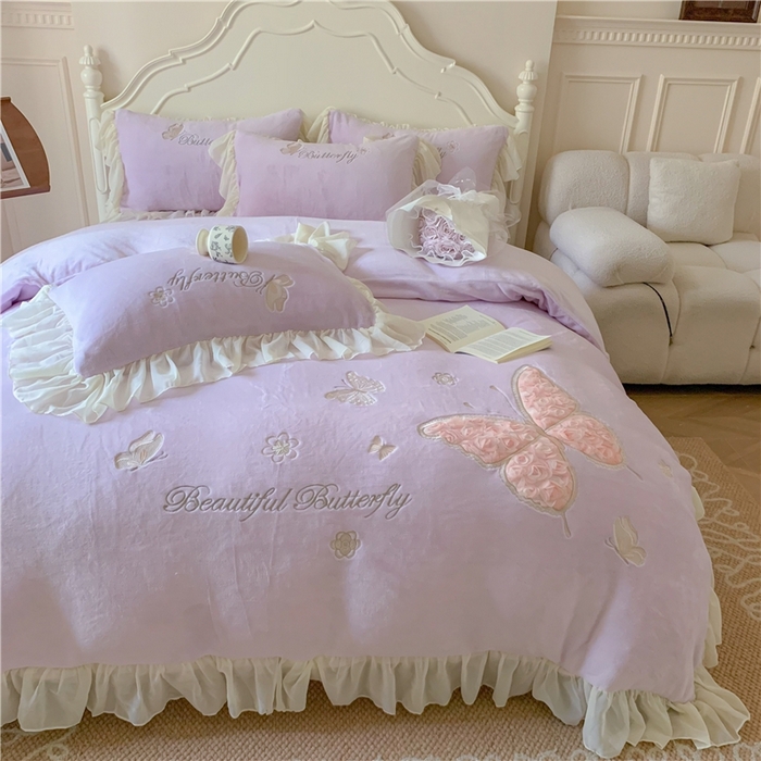 91家纺网 家纺一手货源 找家纺 富盛家纺 2024新款牛奶绒立体刺绣四件套韩版公主风四件套-翩翩起舞 4翩翩起舞—温柔紫