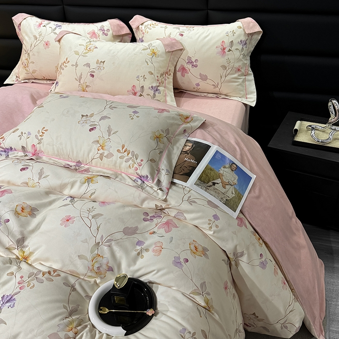 91家纺网 家纺一手货源 找家纺 2024新款A类全棉磨毛数码印花系列四件套 美兮浅香粉