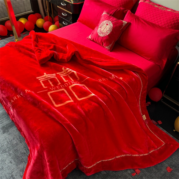 91家纺网 家纺一手货源 找家纺 2024新款婚庆双层高密云毛毯毯子 喜乐