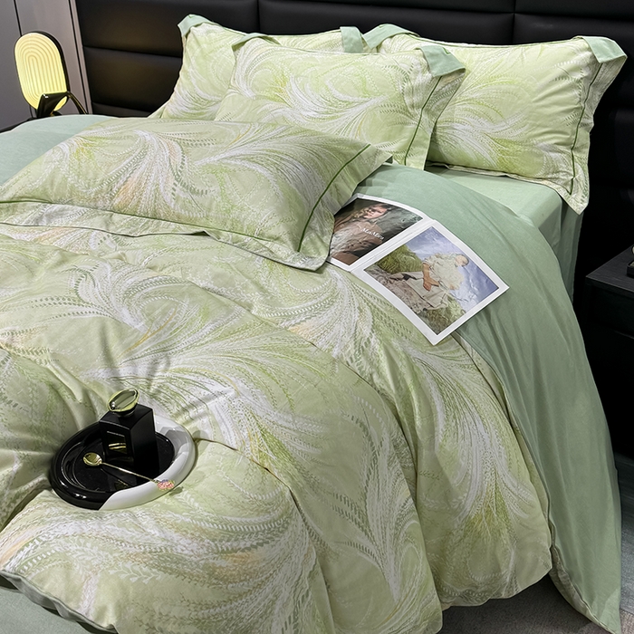 91家纺网 家纺一手货源 找家纺 2024新款A类全棉磨毛数码印花系列四件套 麦穗绿