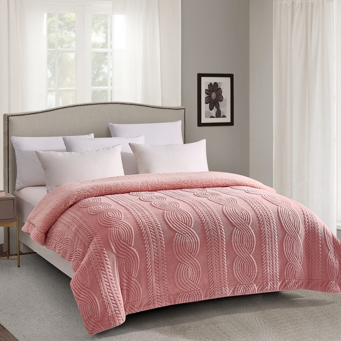 91家纺网 家纺一手货源 找家纺 巴木赫 2024新款8字配色双层羊羔绒毛毯 粉色