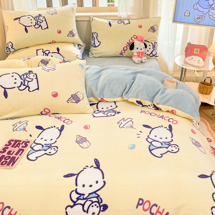 91家纺网 家纺一手货源 找家纺 2024新品正版三丽鸥授权卡通加厚高克重牛奶绒系列四件套 绒三丽鸥-甜筒帕恰狗