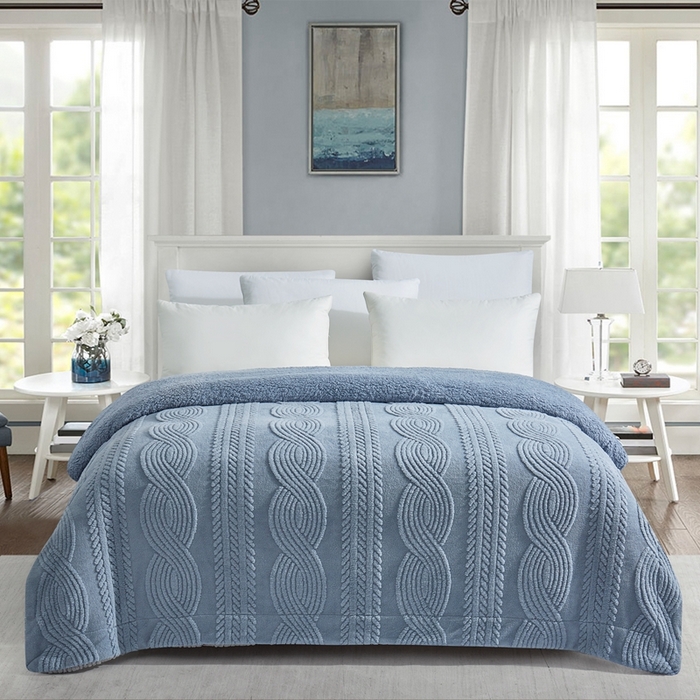 91家纺网 家纺一手货源 找家纺 巴木赫 2024新款8字配色双层羊羔绒毛毯 蓝色