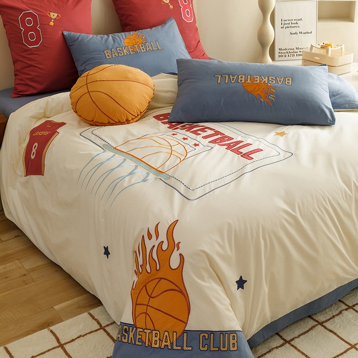 91家纺网 家纺一手货源 找家纺 绒梦里 2024新款全棉A类40s水洗棉贴布绣花四件套-篮球系列 挚爱篮球-米色