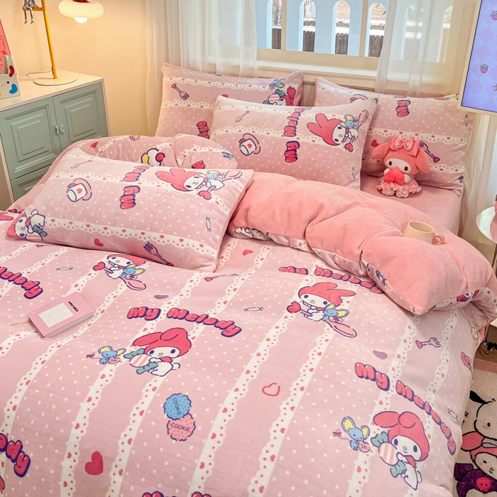 91家纺网 家纺一手货源 找家纺 2024新品正版三丽鸥授权卡通加厚高克重牛奶绒系列四件套 绒三丽鸥-糖心美乐蒂