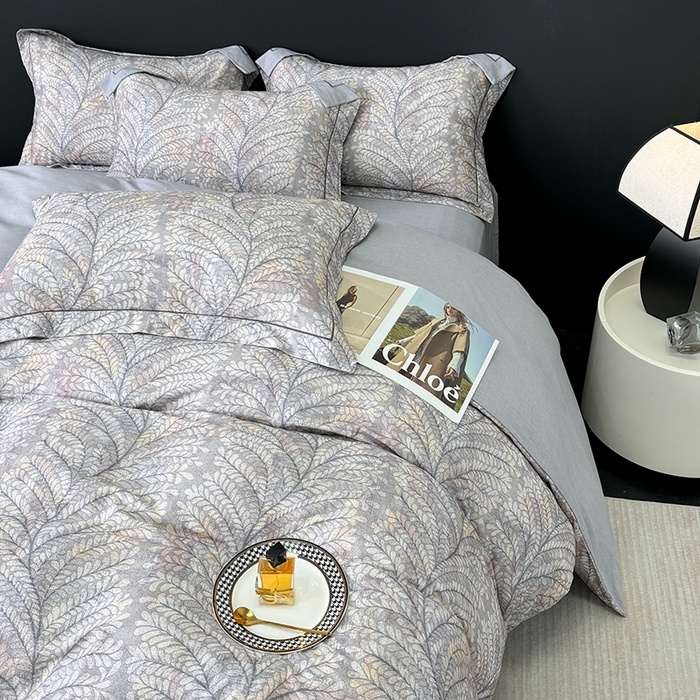 91家纺网 家纺一手货源 找家纺 2024新款A类全棉磨毛数码印花系列四件套 麦穗花期灰