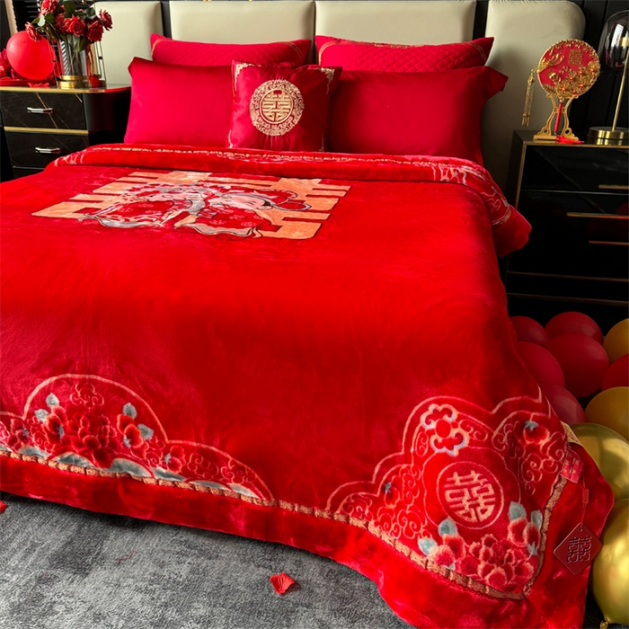 91家纺网 家纺一手货源 找家纺 2024新款婚庆双层高密云毛毯毯子 喜从天降