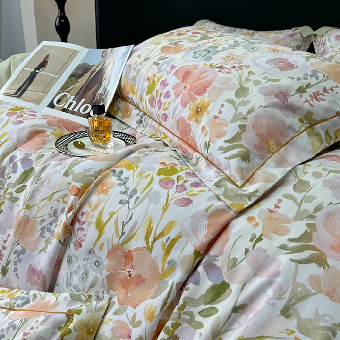 91家纺网 家纺一手货源 找家纺 2024新款A类全棉磨毛数码印花系列四件套 春日油彩米