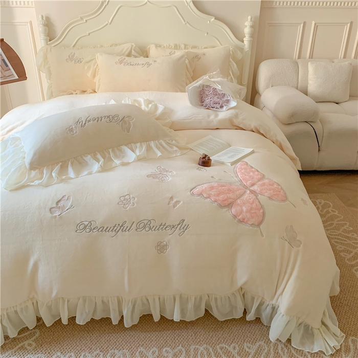 91家纺网 家纺一手货源 找家纺 富盛家纺 2024新款牛奶绒立体刺绣四件套韩版公主风四件套-翩翩起舞 5翩翩起舞—柠檬黄