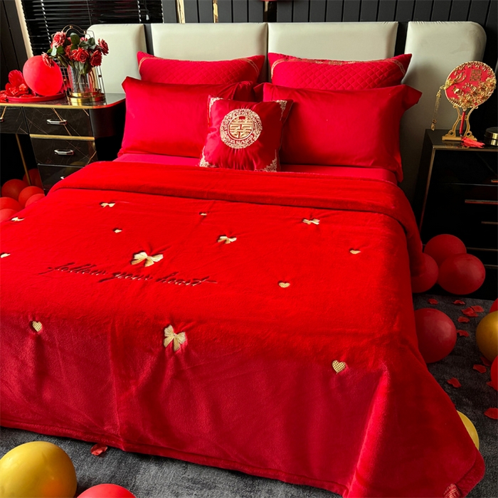 91家纺网 家纺一手货源 找家纺 2024新款仿皮草兔绒精品绣花毛毯毯子 蝴蝶结-大红