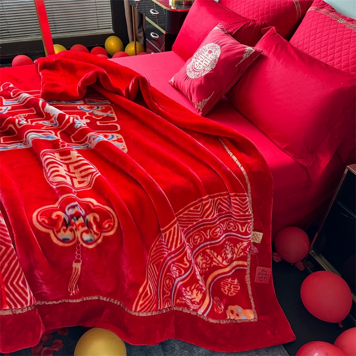 91家纺网 家纺一手货源 找家纺 2024新款婚庆双层高密云毛毯毯子 喜上加喜