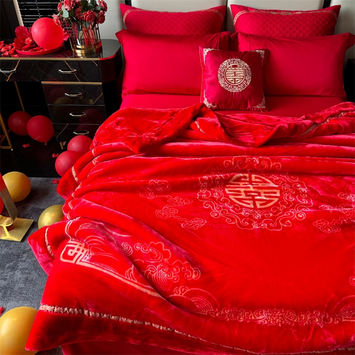 91家纺网 家纺一手货源 找家纺 2024新款婚庆双层高密云毛毯毯子 喜传天下