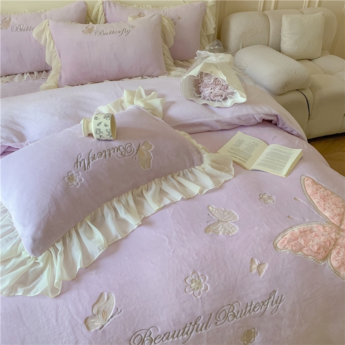 91家纺网 家纺一手货源 找家纺 富盛家纺 2024新款牛奶绒立体刺绣四件套韩版公主风四件套-翩翩起舞 4翩翩起舞—温柔紫