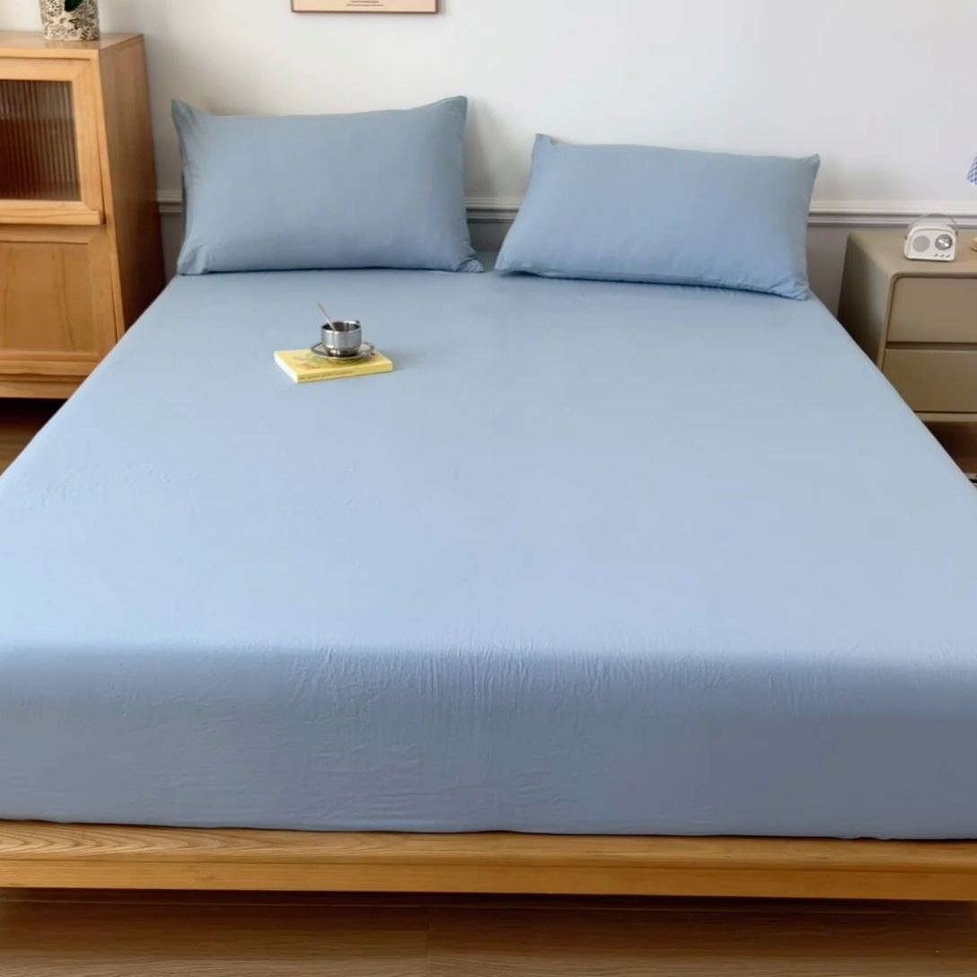 91家纺网 家纺一手货源 找家纺 多品 2024新款水洗棉皱皱纱单品床笠 蓝灰