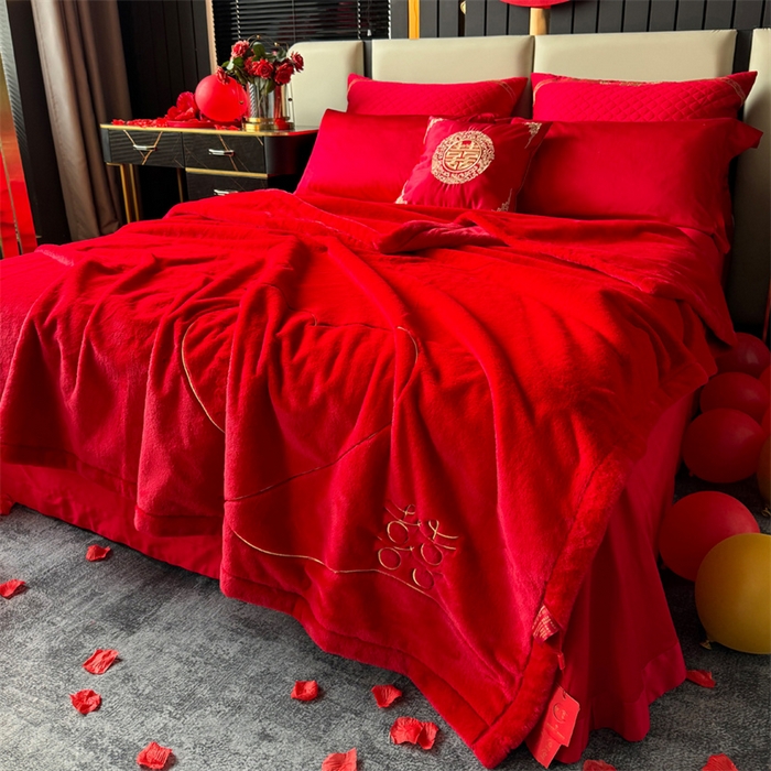 91家纺网 家纺一手货源 找家纺 2024新款仿皮草兔绒精品绣花毛毯毯子 心里有约-大红